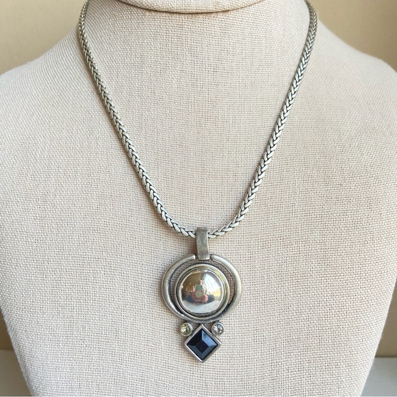 Chico’s matte and shiny silvertone pendant necklace on wheat style chain signed - Picture 1 of 8